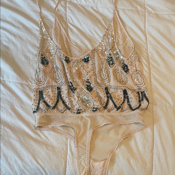 Free People Intimately Embellished Nude Sequined Tie-Shoulder Bodysuit - Picture 5 of 9